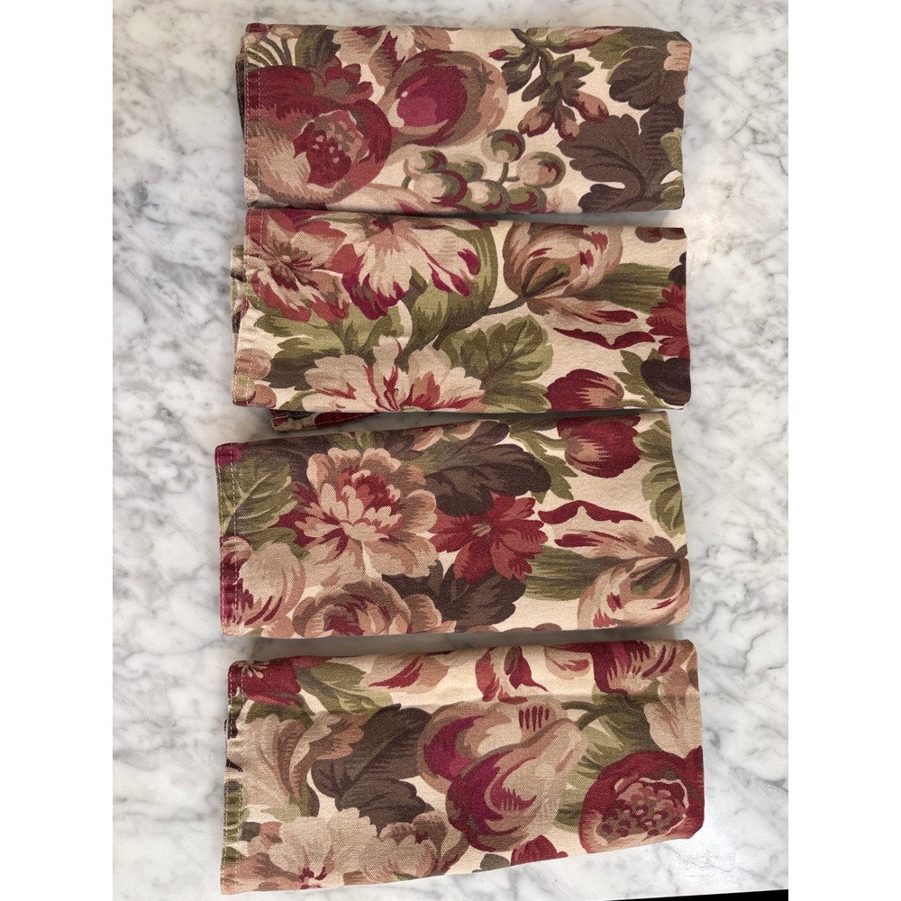 Lauren Ralph Lauren Floral Fruit Cloth Napkins Set of 4 Burgundy Green Tan 1403